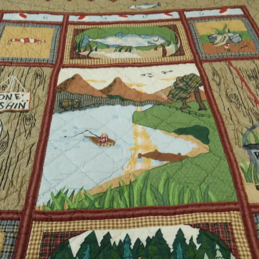 Vintage Applique‎ Fishing Quilt Man Cave Cabin Outdoor Novelty Patch Magic 58x49